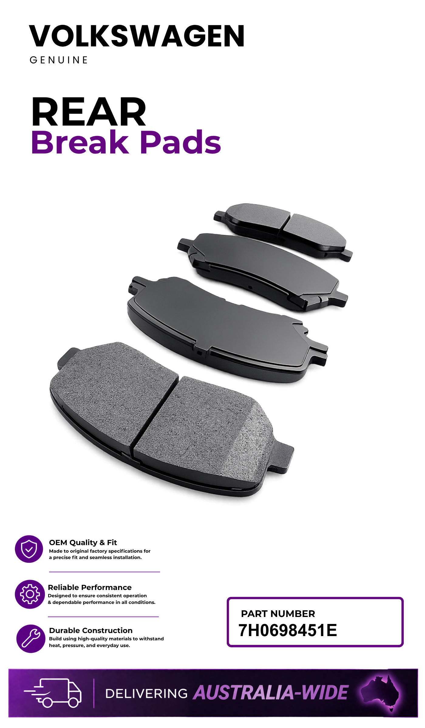 Genuine Volkswagen Rear Brake Pads P# 7H0698451E – OEM Brake Pads