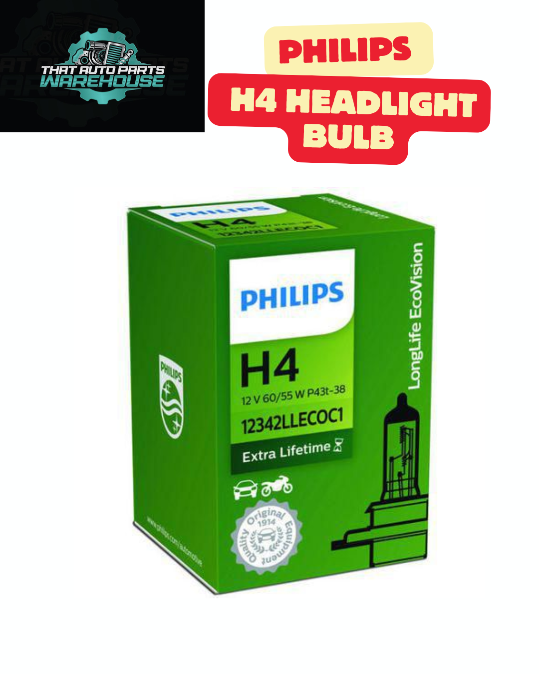 Philips H4 Headlight Bulb 12V 60/55W Long Life - Single (12342LLECO)